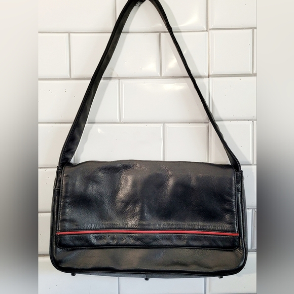 Perlina New York Black Soft Leather Medium Size Shoulder Purse Front Flap Closur